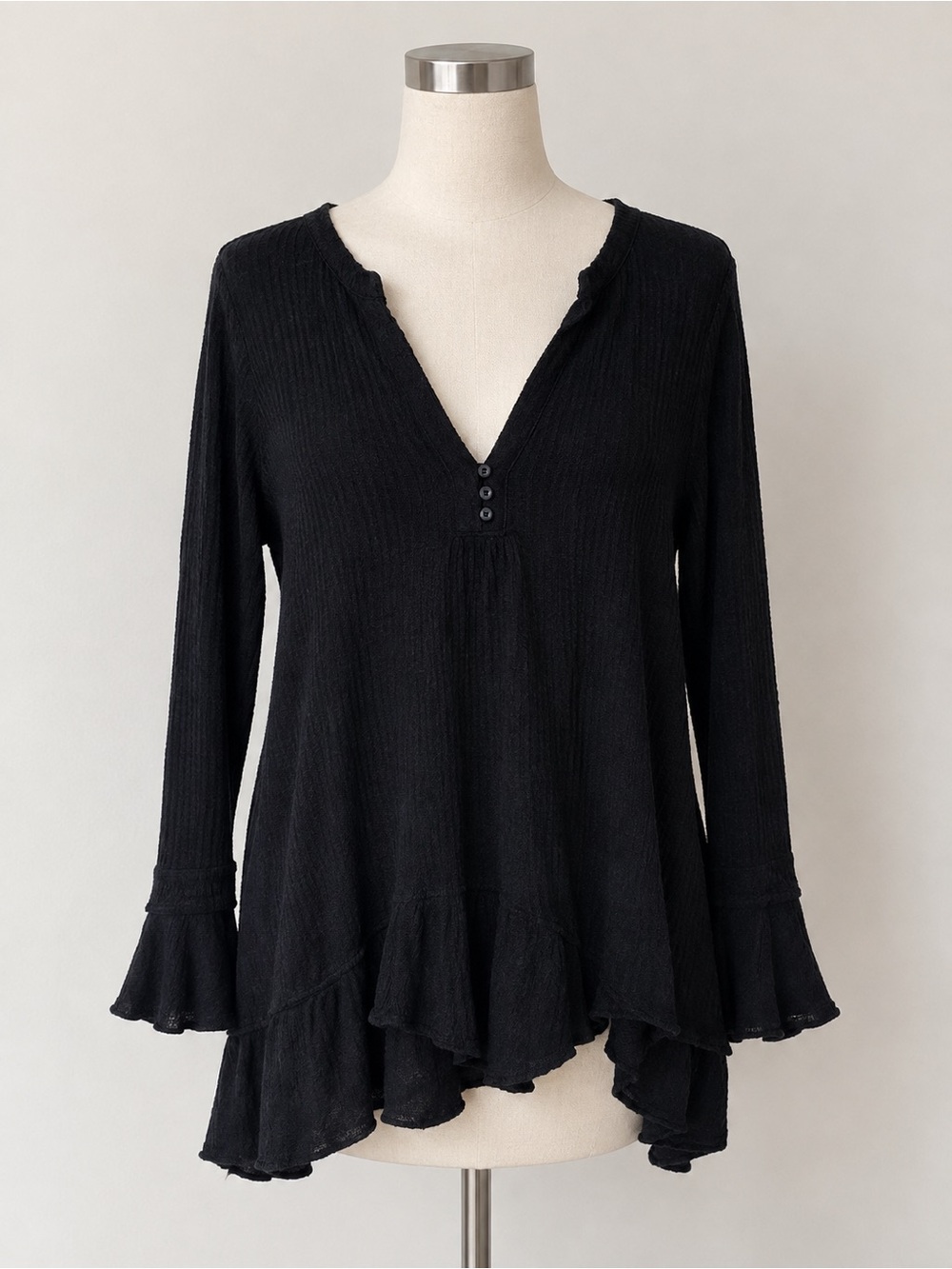 Free People Black Ruffle-Hem V-Neck Tunic